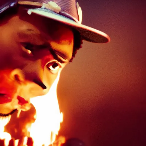 Image similar to cinematic film still of Chance The Rapper starring as a Samurai holding fire, Japanese CGI, VFX, 2022, 40mm lens, shallow depth of field, film photography