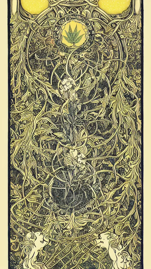Prompt: Stunning tarot card of a cannabis histogram with Rococo ornaments, cinematic tree of life, symmetrical Prism sigil with Rococo ornament, bright mirror moon, by Mobius, Isometric art Nouveau clouds, cannabis plant tarot card whimsically designed rococo, illustration of cannabis plant tarot card in mucha style suspended in a sky dust storm amber light, section model, 4k post-processing highly detailed, 3D render, Octane render Hyper realistic, Soft illumination Brad Rigney Peter Mohrbacher mate painting, airbrush, symmetrical, sunrise, dramatic lighting, Maxfield Parrish, octane, aerial view, trending on ArtStation