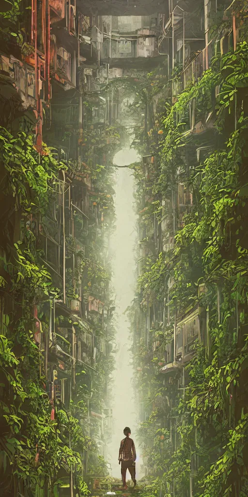 Image similar to abandoned overgrown old alley in hong kong, epic vines, illustration by niko delort,