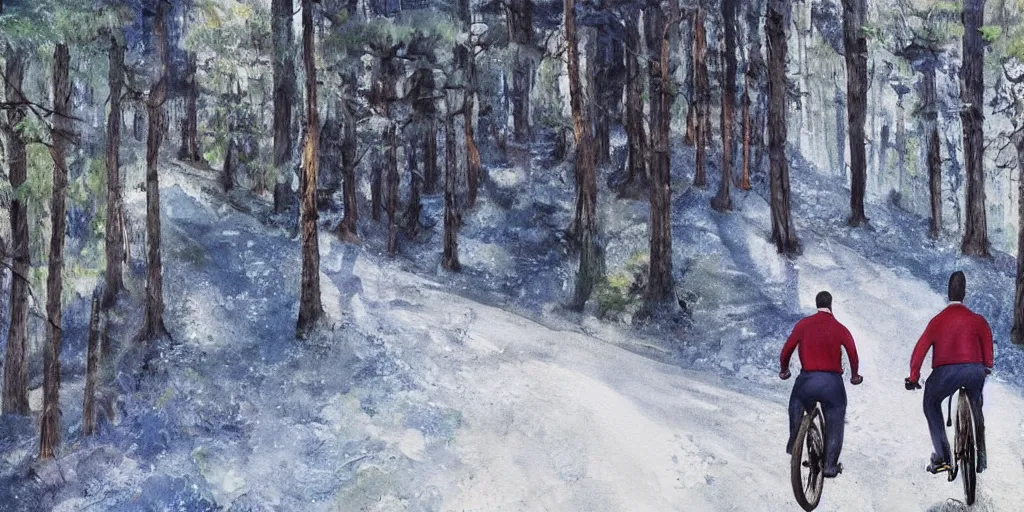 Image similar to Exactly two men biking alone up a steep forest hill. One with a deep dark blue sweater and the other with a wine red sweater. sweaty. Oil painting. Emotional. Trending on artstation. Steep. Nordic Trees. Rustic. Artistic.