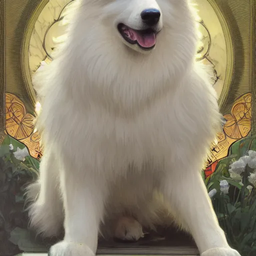 Image similar to samoyed dog, intricate, art by artgerm and greg rutkowski and alphonse mucha and william - adolphe bouguereau, high detailed, 4 k,