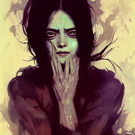 Prompt: alita crying and decaying into dust realistic illustration, intricate, elegant, highly detailed, greg manchess, mucha, liepke, ruan jia, jeffrey catherine jones, ridley scott