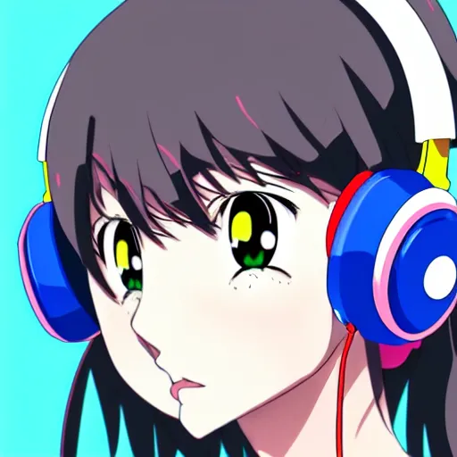 Prompt: An anime character's head wearing retro headphones. 90s anime, Sailor Moon, Neon Genesis, official art, flat cell shading, fantastic screenshot art, trending on artstation