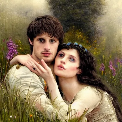 Prompt: bradley james and colin morgan, 2 guys. there are no woman in the picture from the television show merlin ( 2 0 0 8 ). in a beautiful meadow in love and happy ; high - detailed oil painting by tom bagshaw in the style of gaston bussiere, trending on artstation, masterpiece, 4 k