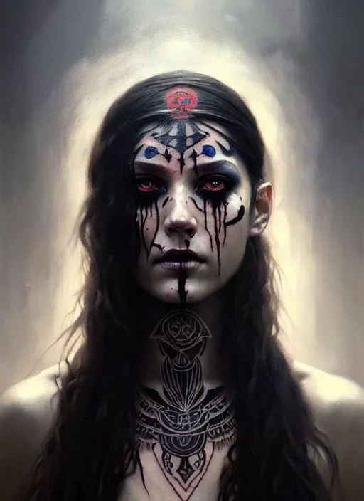 Prompt: hyper realistic portrait painting, beautifully rendered, gorgeous young goddess of death with ceremonial markings and ritualistic tattoos painted by greg rutkowski, wlop, artgerm, dishonored 2, dark and moody, black smoke