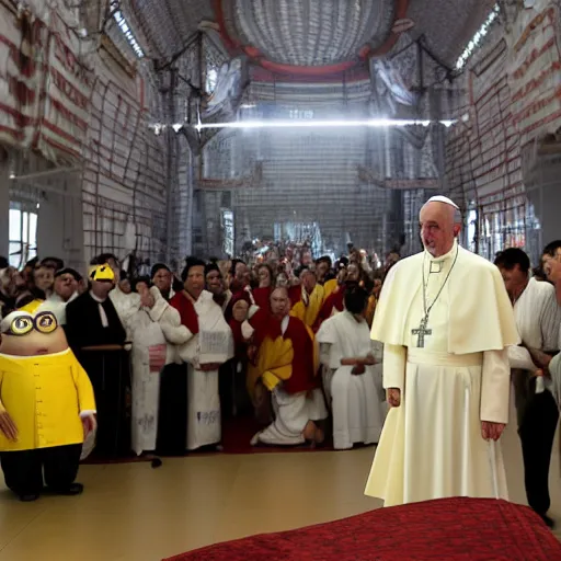 Image similar to pope francis baptizing a minion in a buddhist pagoda nuclear power plant