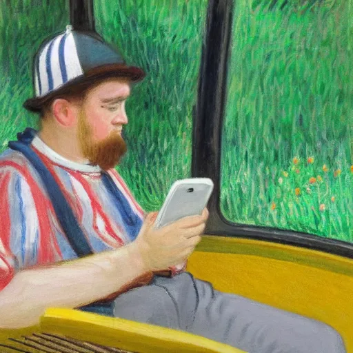 Image similar to guy with baseball hat and striped shirt siting in a bus and looking at his smartphone by monet