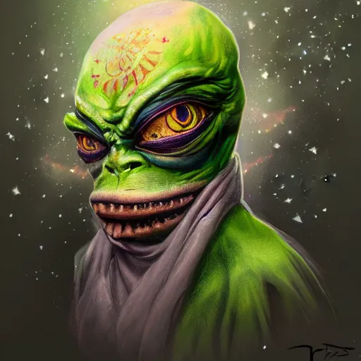 Image similar to 3d render of highly detailed hyper-detailed beautiful mystic portrait of a phantom undead pepe with whirling galaxy around, tattoos by Anton Pieck, intricate, extremely detailed, digital painting, artstation, concept art, smooth, sharp focus, illustration, intimidating lighting, incredible art,