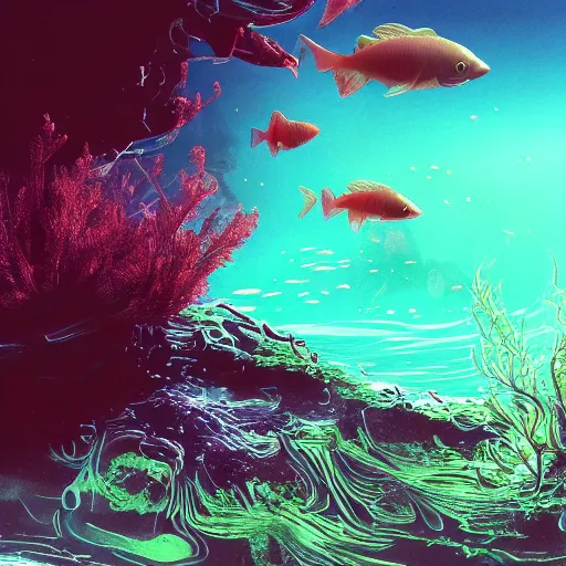 Image similar to underwater view of a strange alien world, some washed out red and green plant life, small alien fish swimming in the background, deep blue sea color, artstation