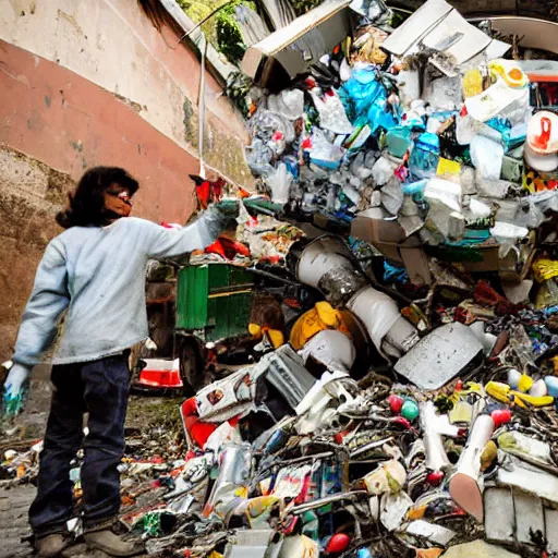 Prompt: a realistic photo of a latin american recycler making a robot with the retro garbage left by people from their daily consumption, dystopic and utopic conceptual art