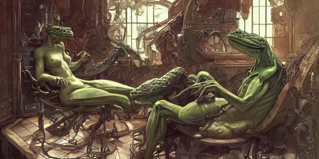 Image similar to lizardman lounging in a chair in front of an oven, fantasy, highly detailed, digital painting, concept art, matte, sharp focus, illustration by artgerm, art by greg rutkowski, art by alphonse mucha