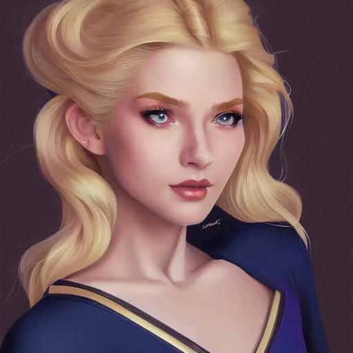 Prompt: a beautiful portrait of a beautiful cute superhero woman, blonde hair, matte navy - blue bodysuit, white cape, intricate, elegant, 8 k, highly detailed, digital painting, concept art, smooth, sharp focus, illustration, disney, anime, by artgerm and loish and wlop and alphonse mucha