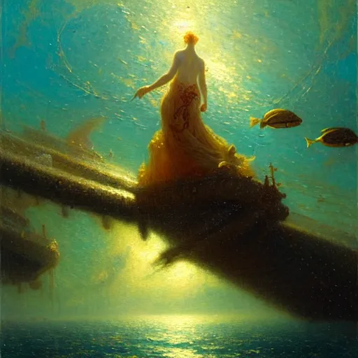 Image similar to point of view of deep in the ocean looking up, you see fishes, higher up you see the milk way, night time. highly detailed painting by gaston bussiere, greg rutkowski 8 k