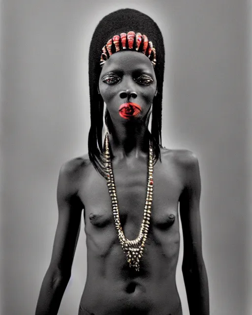 Image similar to ancient nilotic african androgynous vampire woman with demonic eyes, photograph, 3 5 mm film