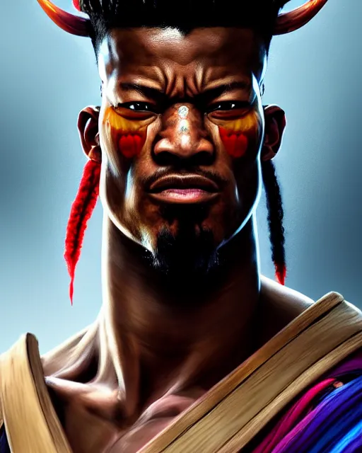 Image similar to face portrait of jimmy butler as a muscular ronin samurai, wearing a haori, by wlop and peter mohrbacher, dramatic action pose, extremely detailed shading, concept art, digital painting, trending on artstation, unreal engine 5, octane render, atmosphere, glow, cinematic lighting, full of color