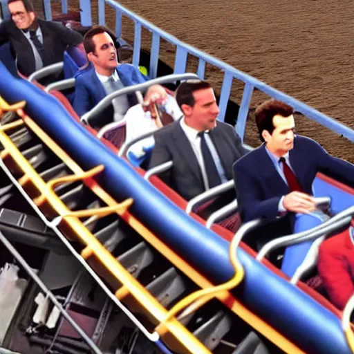 Prompt: ultra realistic detailed 4 k photo of michael scott, jerry seinfeld, ted mosby, phil dunphy, chandler bing, from a roller coaster action camera at an amusement park