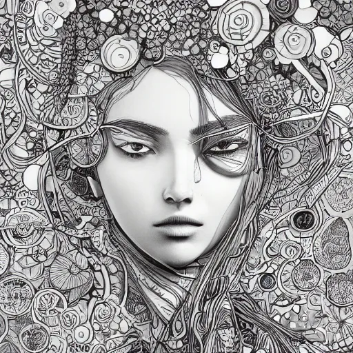 Image similar to a beautiful woman made up of carrots and blueberries, an ultrafine detailed illustration by james jean, intricate linework, bright colors, final fantasy, behance contest winner, vanitas, angular, altermodern, unreal engine 5 highly rendered, global illumination, radiant light, detailed and intricate environment