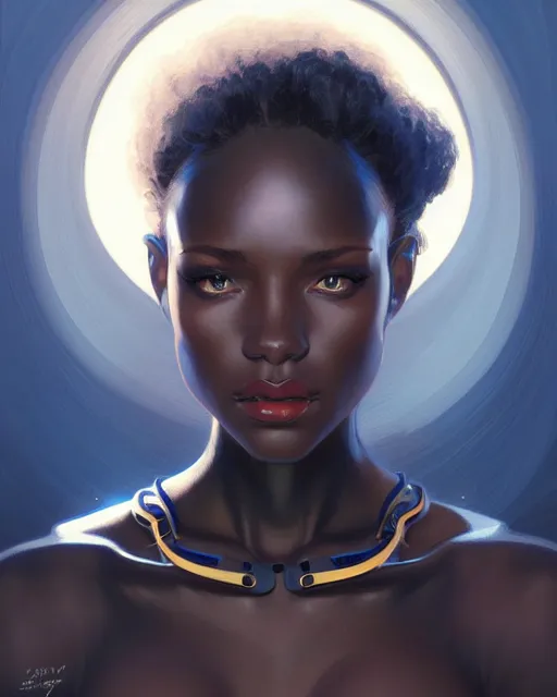 Image similar to Portrait of very very very very very very beautiful black woman, spacesuit, blue eyes, intricate, elegant, highly detailed, digital painting, artstation, concept art, smooth, sharp focus, illustration, art by artgerm and greg rutkowski and alphonse mucha