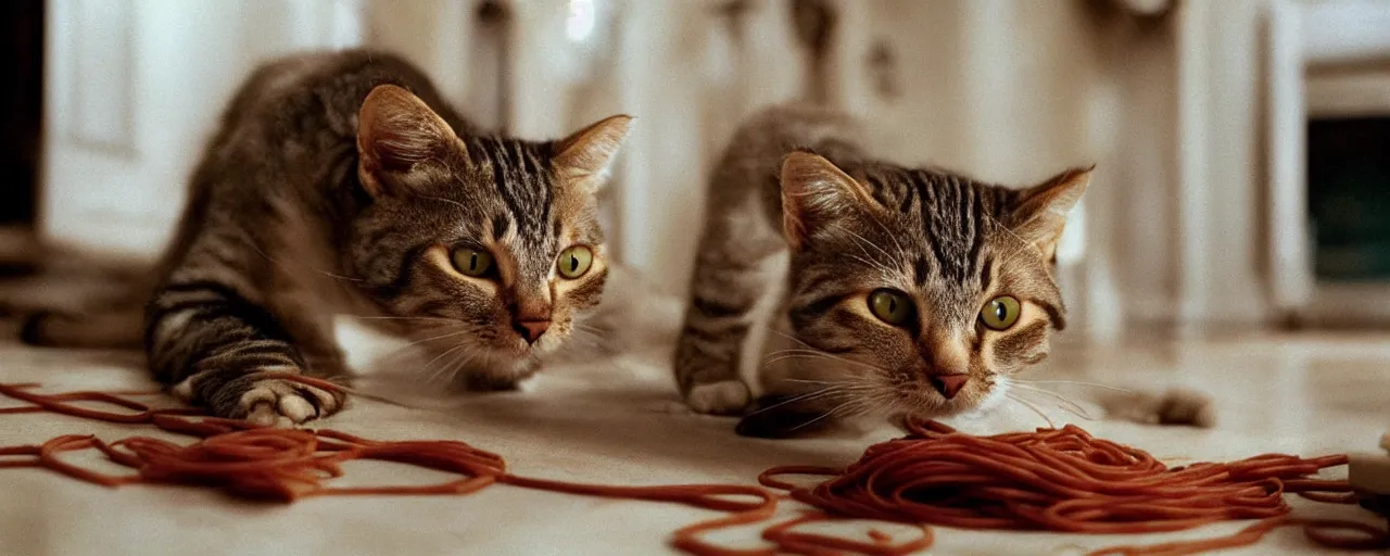 Image similar to 1 single cat playing with spaghetti in an apartment, small details, intricate, sharply focused, canon 5 0 mm, wes anderson film, kodachrome