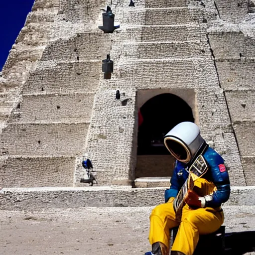 Image similar to an astronaut playing guitar at the Cholula pyramid