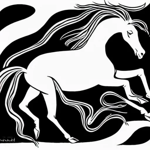 Image similar to a black and white vector based illustration by Junji Ito of a galloping flaming horse done in Adobe illustrator, black ink shading on white background