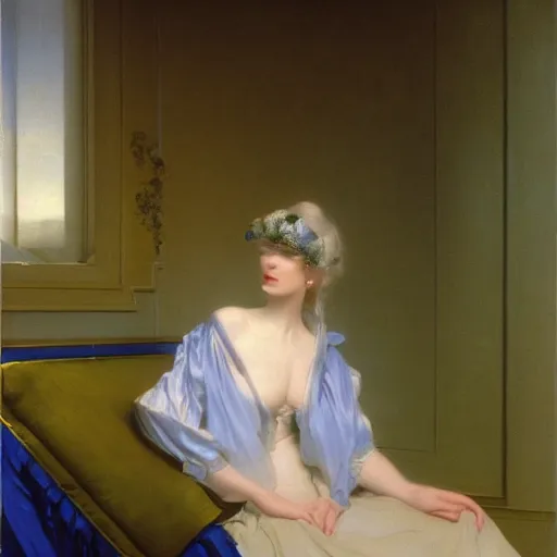 Image similar to young woman's face, her hair is white and she wears a cobalt blue duchesse satin cloak, by ivan aivazovsky and syd mead and moebius and roger dean and aelbert cuyp and willem claesz and pieter claesz and paul delaroche and alma tadema, hyperrealistic, volumetric light, octane