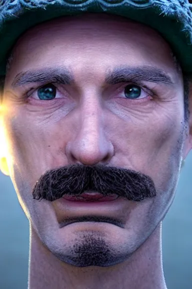 Prompt: very very intricate photorealistic photo of a realistic human version of luigi wearing his hat in an episode of game of thrones, photo is in focus with detailed atmospheric lighting, award - winning details