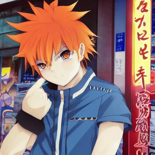 Image similar to orange - haired anime boy, 1 7 - year - old anime boy with wild spiky hair, wearing blue jacket, holding magical technological card, magic card, in front of ramen shop, strong lighting, strong shadows, vivid hues, raytracing, sharp details, subsurface scattering, intricate details, hd anime, high - budget anime movie, 2 0 2 1 anime