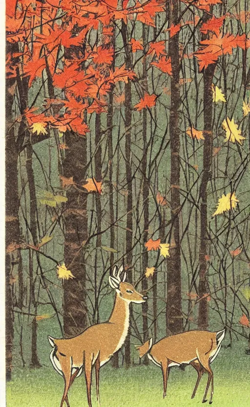 Image similar to by akio watanabe, manga art, alone deer jumping around maple forest, fall season, trading card front