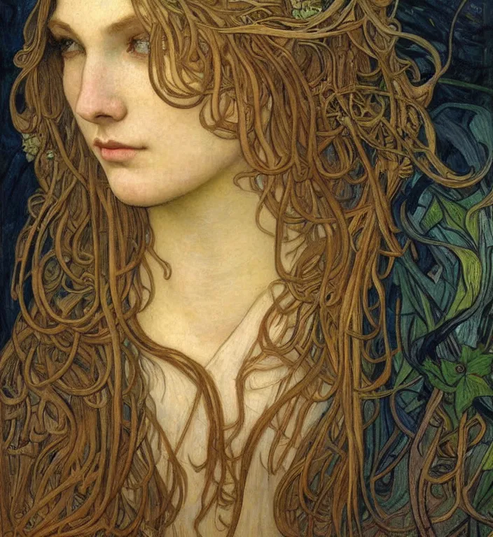 Image similar to detailed realistic beautiful young medieval queen face portrait by jean delville, alphonse mucha, vincent van gogh, and marco mazzoni, art nouveau, symbolist, visionary, gothic, pre - raphaelite