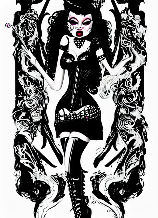 Prompt: goth girl burlesque psychobilly punk, black background, drawing, illustration