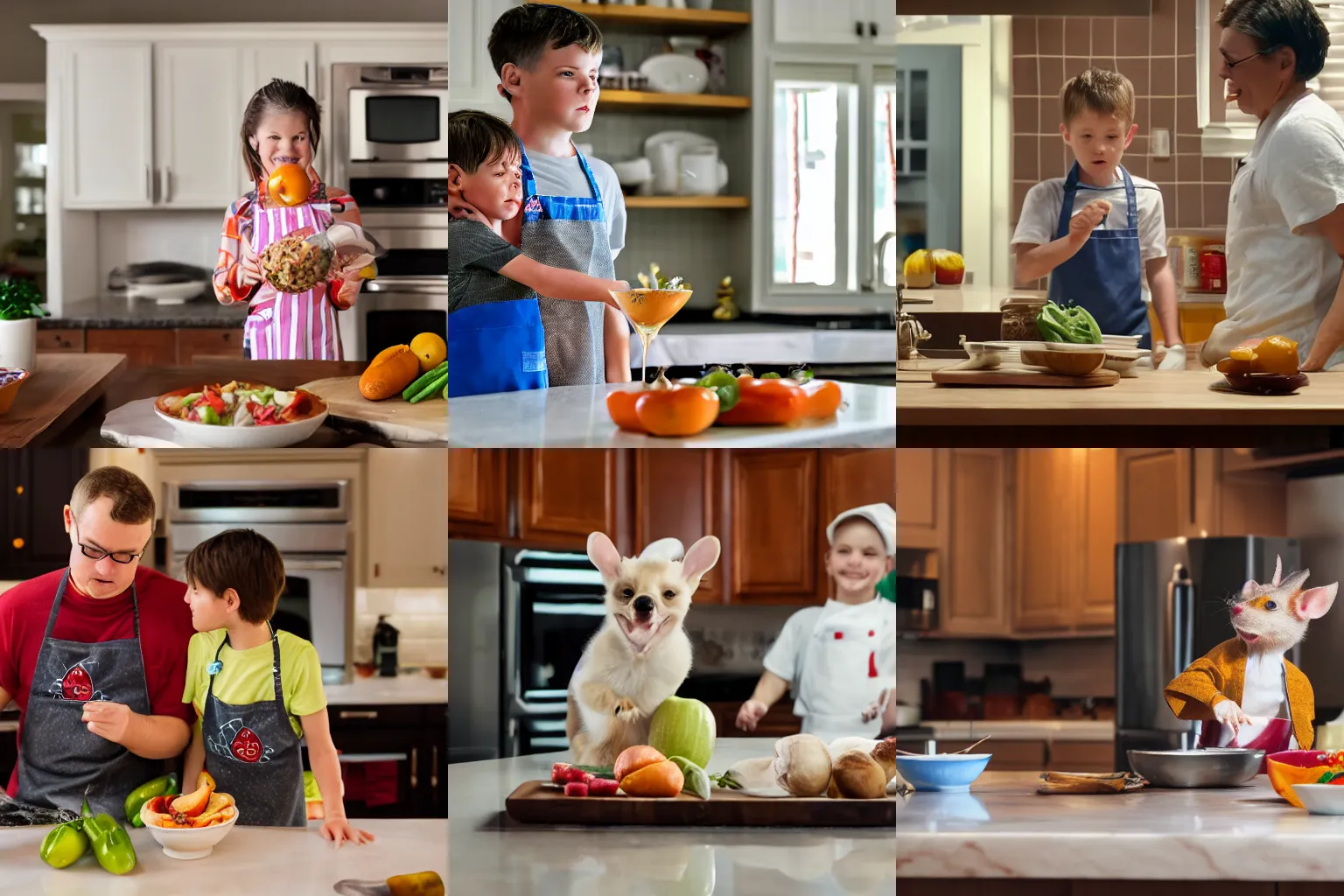 Prompt: Stuart Little and Remy on the kitchen counter making dinner, 4k, cinematic, bright, colorful, food photography