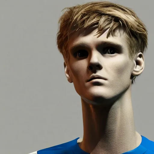 Prompt: a realistic detailed photo of a guy who is an attractive humanoid who is half robot and half humanoid, who is a male android, soccer player martin ødegaard, shiny skin, posing like a statue, blank stare, at the museum, on display