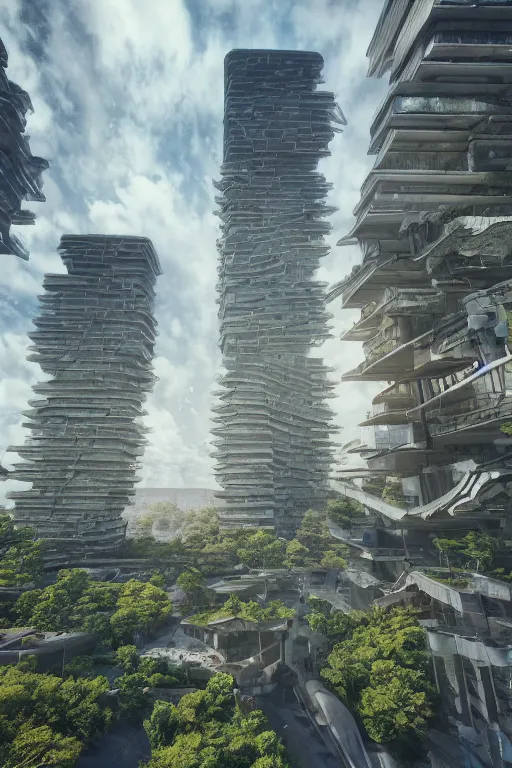 Image similar to tall brutalist buildings, solarpunk architecture, hanging gardens, sunshine, clouds, dramatic lighting, colorful birds, trending on Artstation, 8k, highly realistic, hyper detailed, unreal engine 5, IMAX quality, realistic, cinematic, epic lighting, realistic, Matte Painting, masterpiece