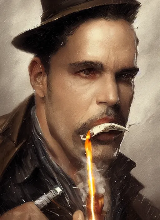 Image similar to portrait of a detective wearing trench coat and smoking puro, holding a sword, victorian, concept art, detailed face, fantasy, close up face, highly detailed, cinematic lighting, digital art painting by greg rutkowski