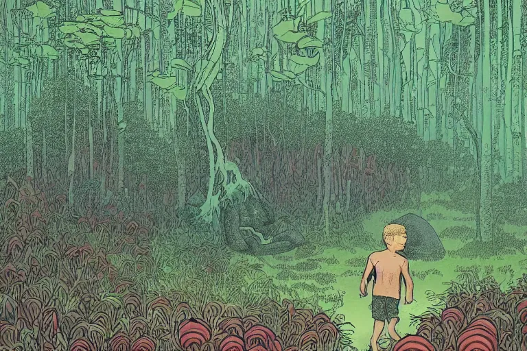 Prompt: a young boy entering a huge mysterious and fantasy forest with a cthuluh monster in a distant clearing, large openpath, mushrooms, lush exotic vegetation, very graphic illustration by jean giraud and victo ngai, ultradetailed, clean line, color comics style, dynamic lighting, night