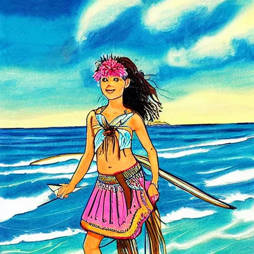 Image similar to The drawing depicts a young girl in a traditional hula outfit. She is standing on a surfboard in front of a beautiful ocean landscape. Versacci by Robert Williams, by Jim Mahfood atmospheric