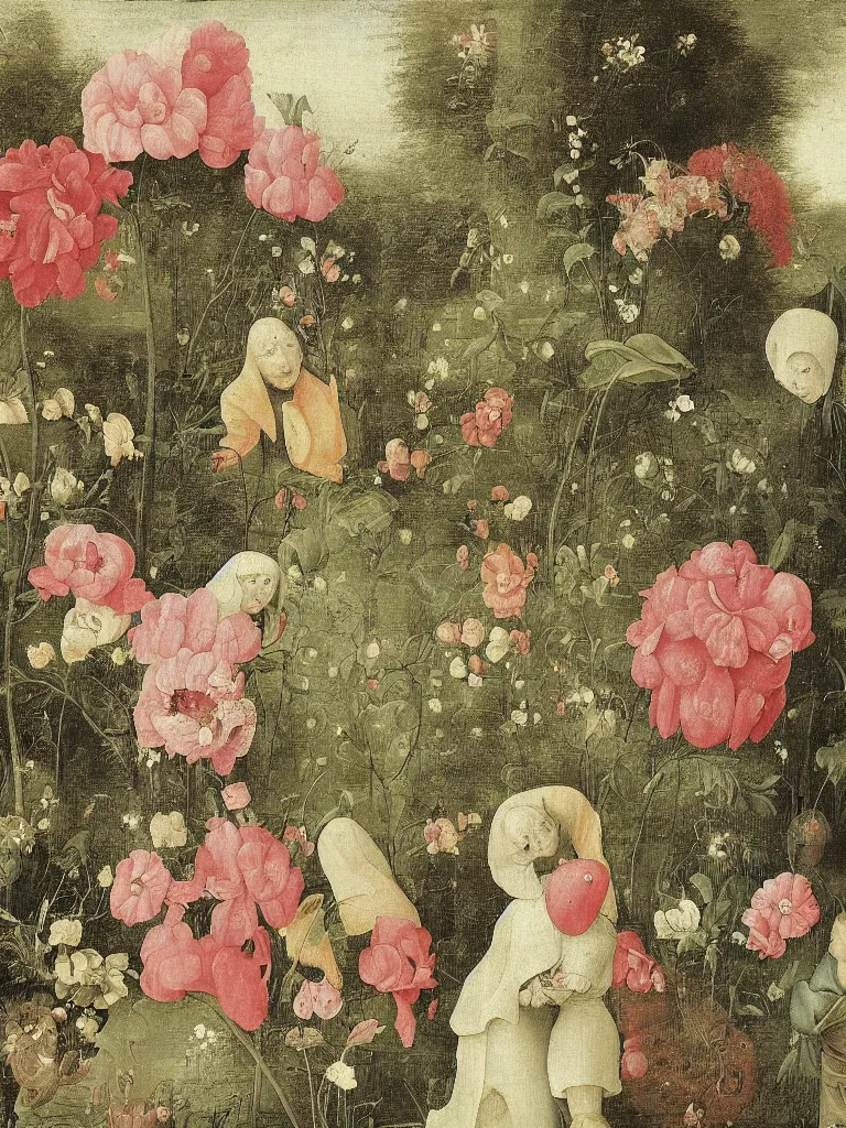 Image similar to beautiful large flowers in a garden, in the style of hieronymus bosch,