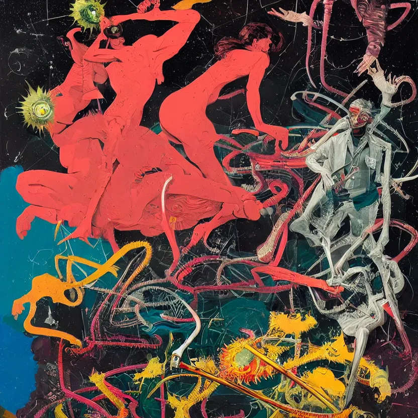 Image similar to abiogenesis, cover artwork by genieve figgis and francis bacon and Jenny seville and frank stella, midnight hour, part by adrian ghenie, part by jeffrey smith, part by josan gonzales, part by norman rockwell, part by phil hale, part by kim dorland, artstation, highly detailed