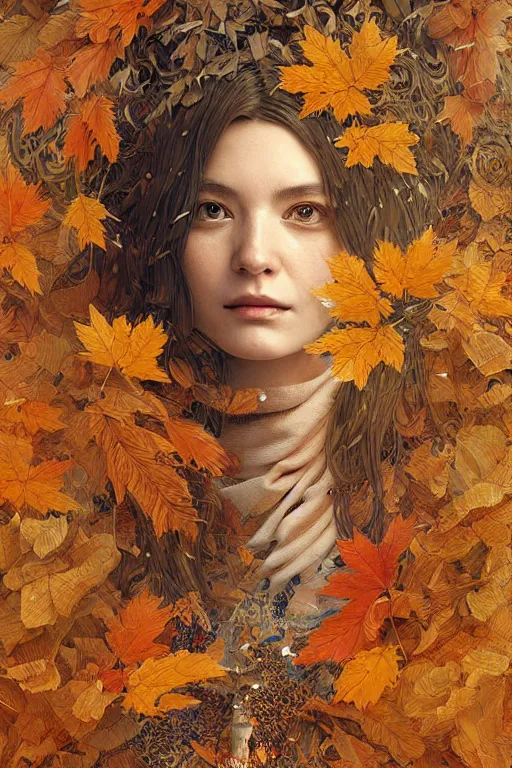 Prompt: an insanely detailed cell shaded vector art of a portrait of a mechanical bird with woman and the death, intricate detailed autumn leaves, mycelia, by ruan jia, fantasy, hyper detailed, concept art, by gustav klimt, by greg rutkowski