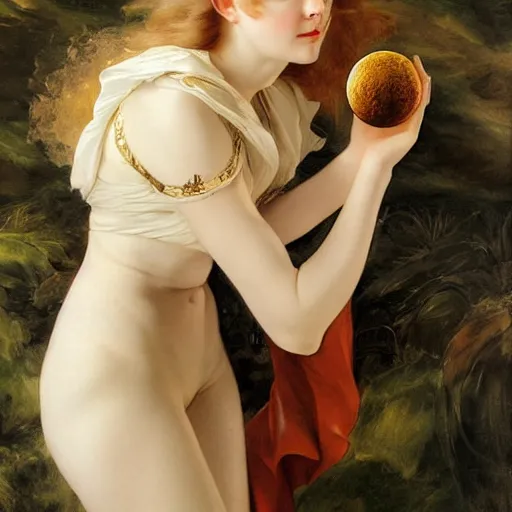 Prompt: Elle Fanning holding the moon, artstation, by J. C. Leyendecker and Peter Paul Rubens,