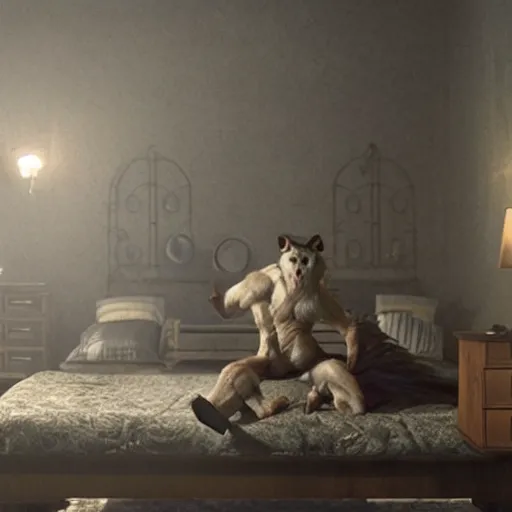 Prompt: a werewolf sitting on top of a bed with a laptop, a screenshot by Gregory Crewdson, cgsociety, video art, horror film, movie still