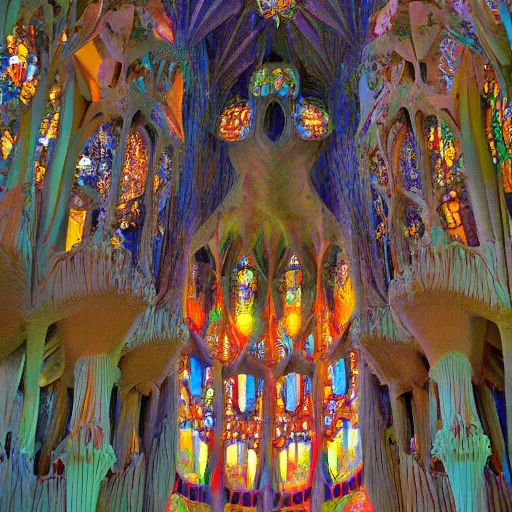 Prompt: A magnificent throne designed by Antoni Gaudi in the style of Sagrada Familia, gradient background