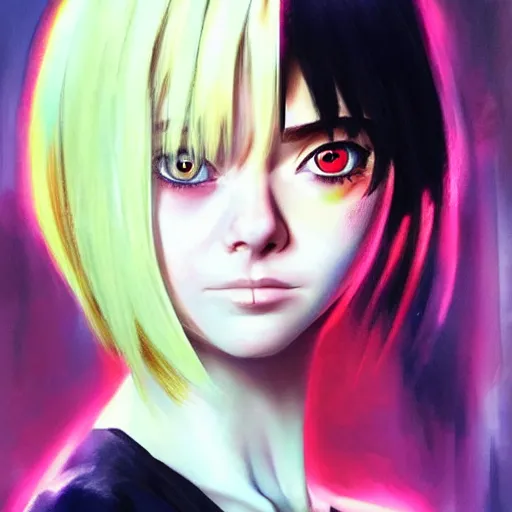 Prompt: a striking hyper real anime painting of Elle Fanning in the style of Ghost in the Shell