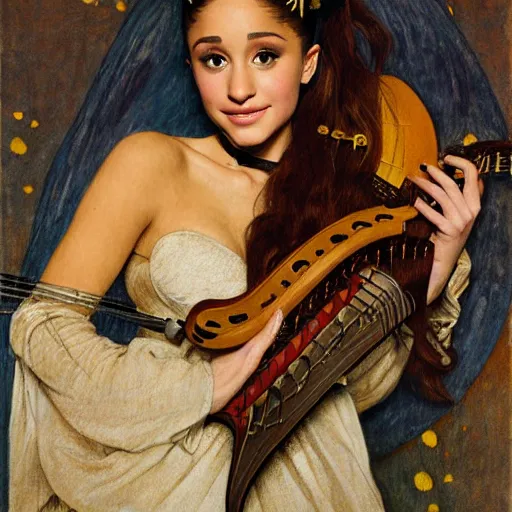 Image similar to half length portrait of ariana grande as a bard playing the mandolin, d & d, medieval, fantasy, giger, royo, klimt, miro, vallejo, frazetta, alphonse mucha, greg rutkowski, whealan