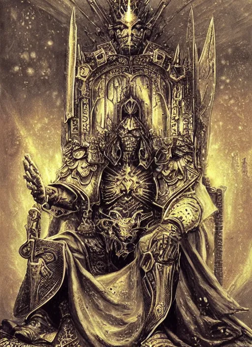 Image similar to omnious academic drawing of wh40k undead but still regal and kingly Emperor of Mankind sits on his enormous golden throne by James Gurney, Zdislaw Beksinski, Alex Gray, Greg Rutkowski, Robert McCall