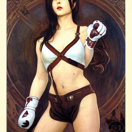 Image similar to Portrait of Tifa Lockheart with long dark brown hair and a white short top and black suspenders and kickboxing gloves drawn by Donato Giancola and Tom Bagshaw, face by Artgerm, overall design by Alphonse Mucha, background by James Jean and Gustav Klimt, light by Julie Bell, 4k, porcelain skin, komorebi, french nouveau, trending on artstation, octane render, hyperrealistic