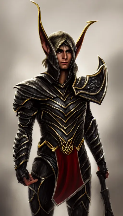 Prompt: A medium shot portrait of a male elf, he is about 20 years old, attractive, lean but muscular, serious composure, short silver hair, prideful look, he is wearing black heavy armor with gold plating, a red cape hangs from his shoulders, highly detailed portrait, digital painting, ArtStation, concept art, smooth, sharp focus illustration