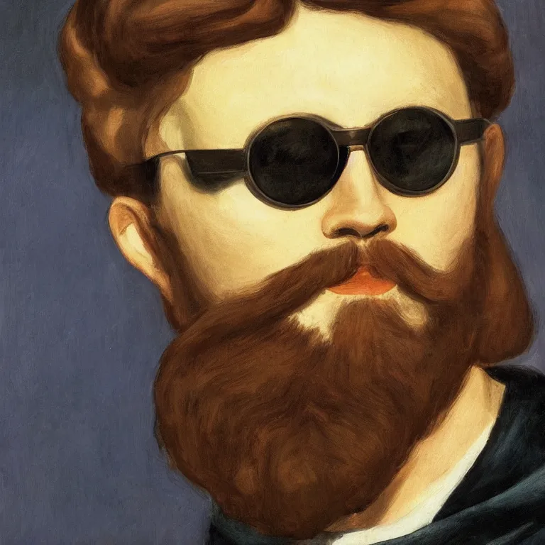 Prompt: closeup front portrait of duke leto atreides, short beard, long hair, sunglasses, painted by Edward Hopper