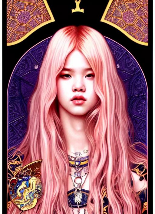 Image similar to jossi of blackpink, king, tarot card, highly detailed, digital painting, smooth, sharp focus, illustration, ultra realistic, 8 k, art by artgerm and alphonse mucha